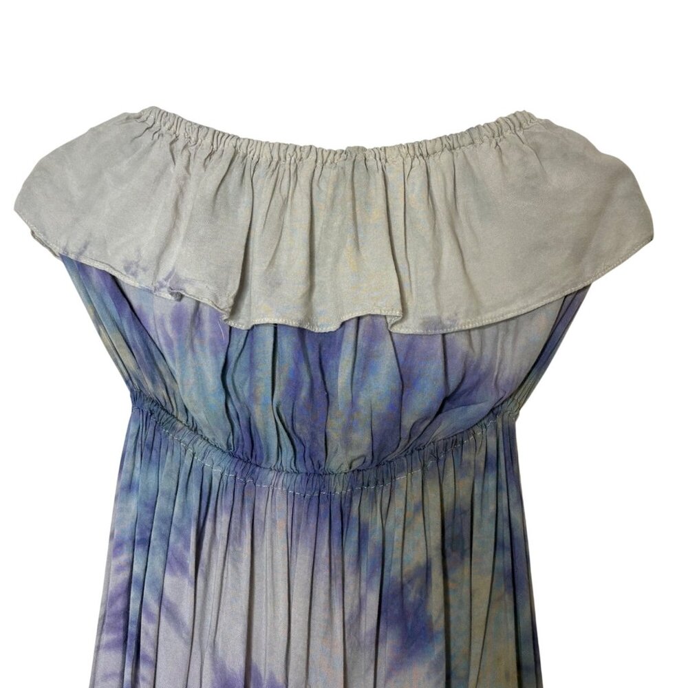 Tie Dye Off Shoulder Hi Low Dress Blue Purple Ruffle Flowy Boho Festival OS - Picture 3 of 7